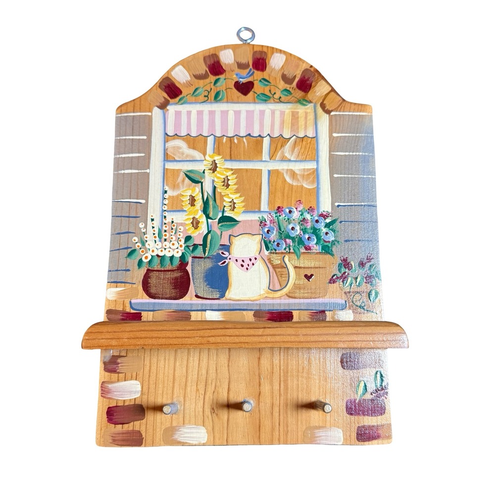 Vintage Hand Painted Country Wall Wood Key Holder Shelf Cat Sunflower Heart 1997